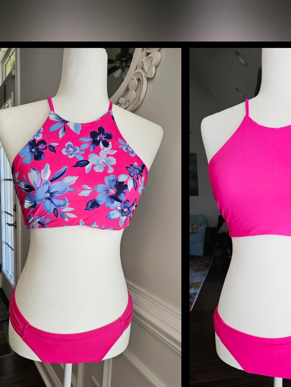 Lands' End Reversible Bright Pink Tropical Floral Halter Bikini Set